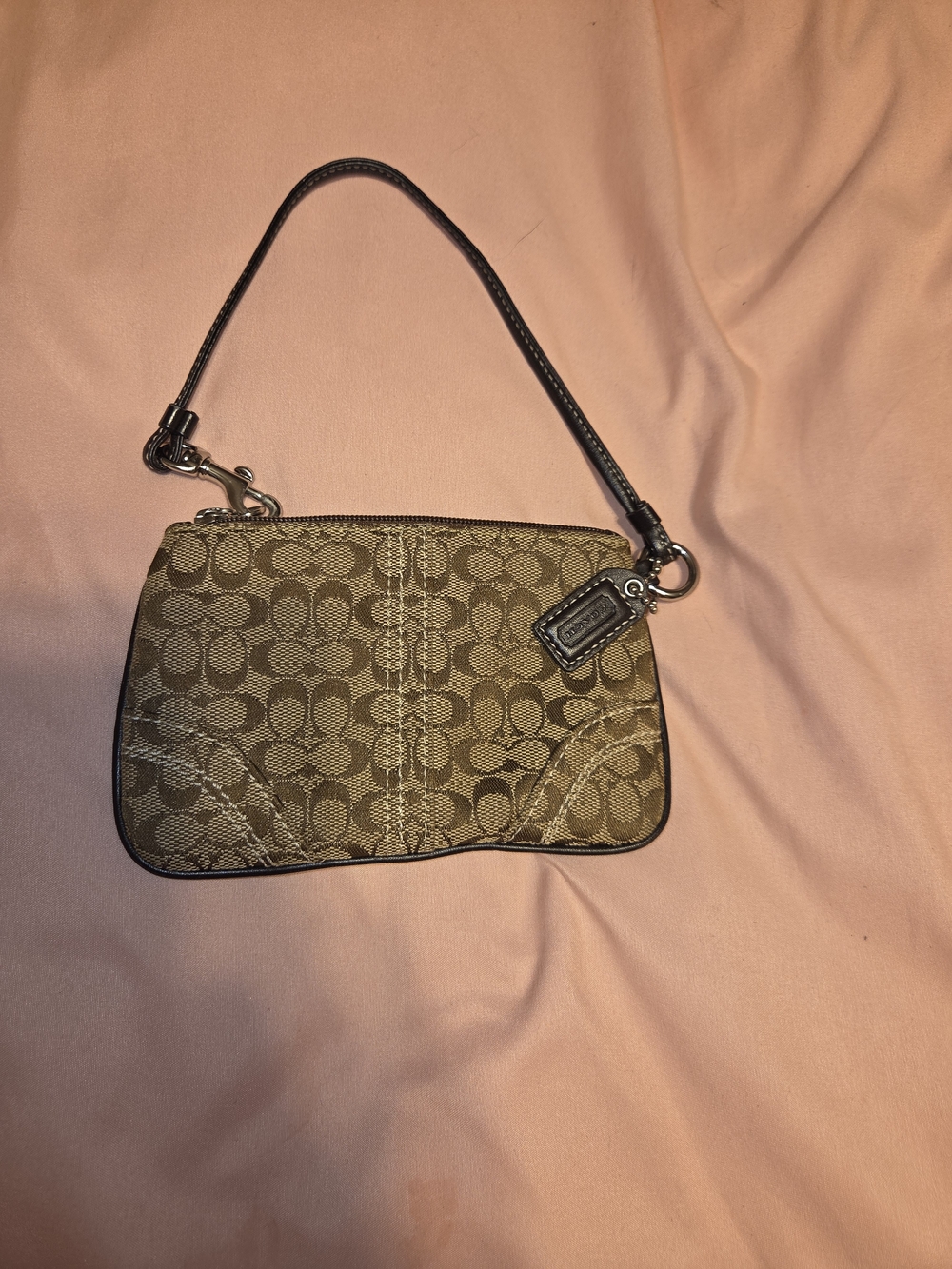 Coach Khaki Signature Mini Wristlet with Brown Strap